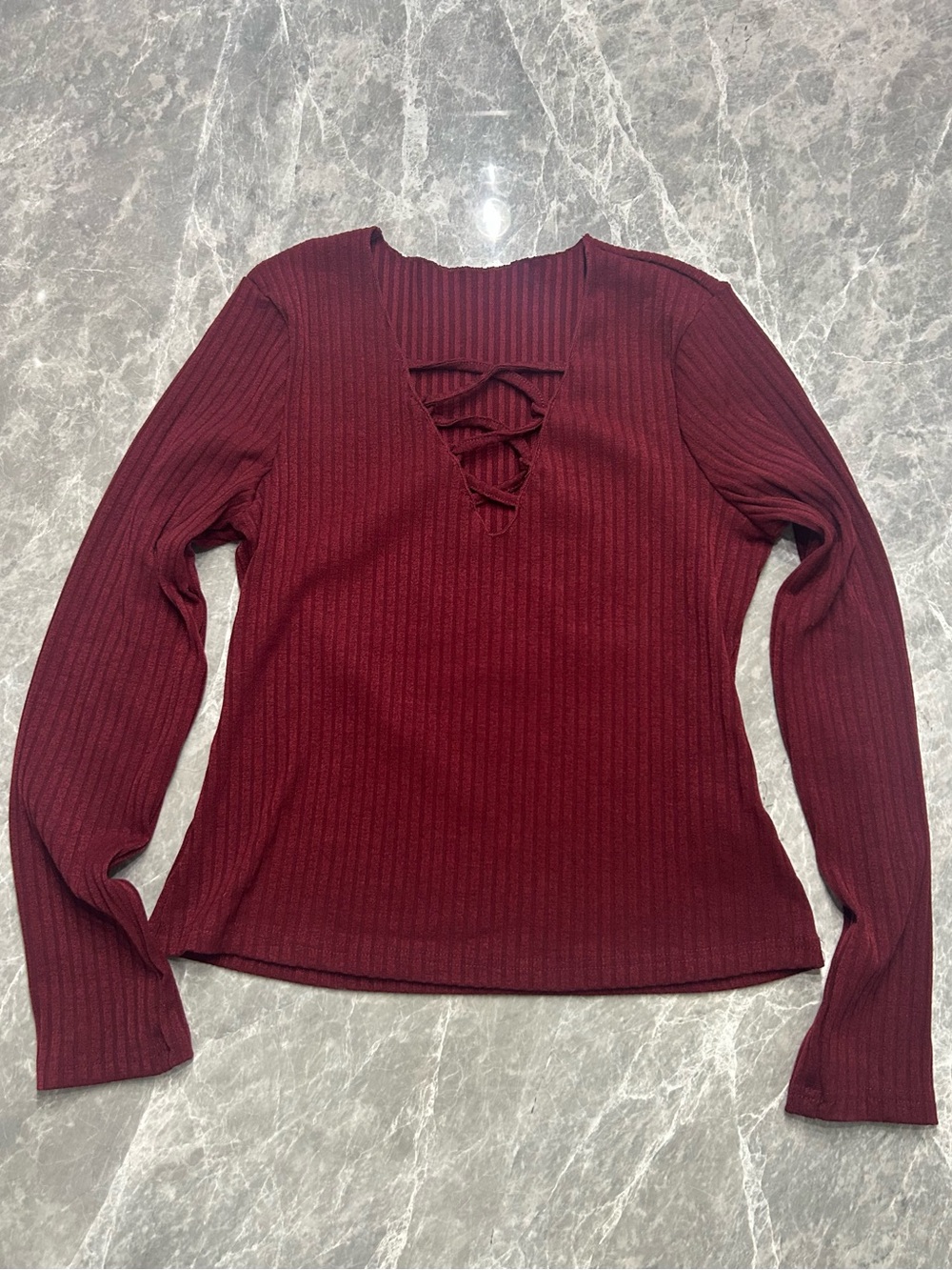 SHEIN Burgundy Ribbed Lace-Up V-Neck Long Sleeve Top - Deep Wine